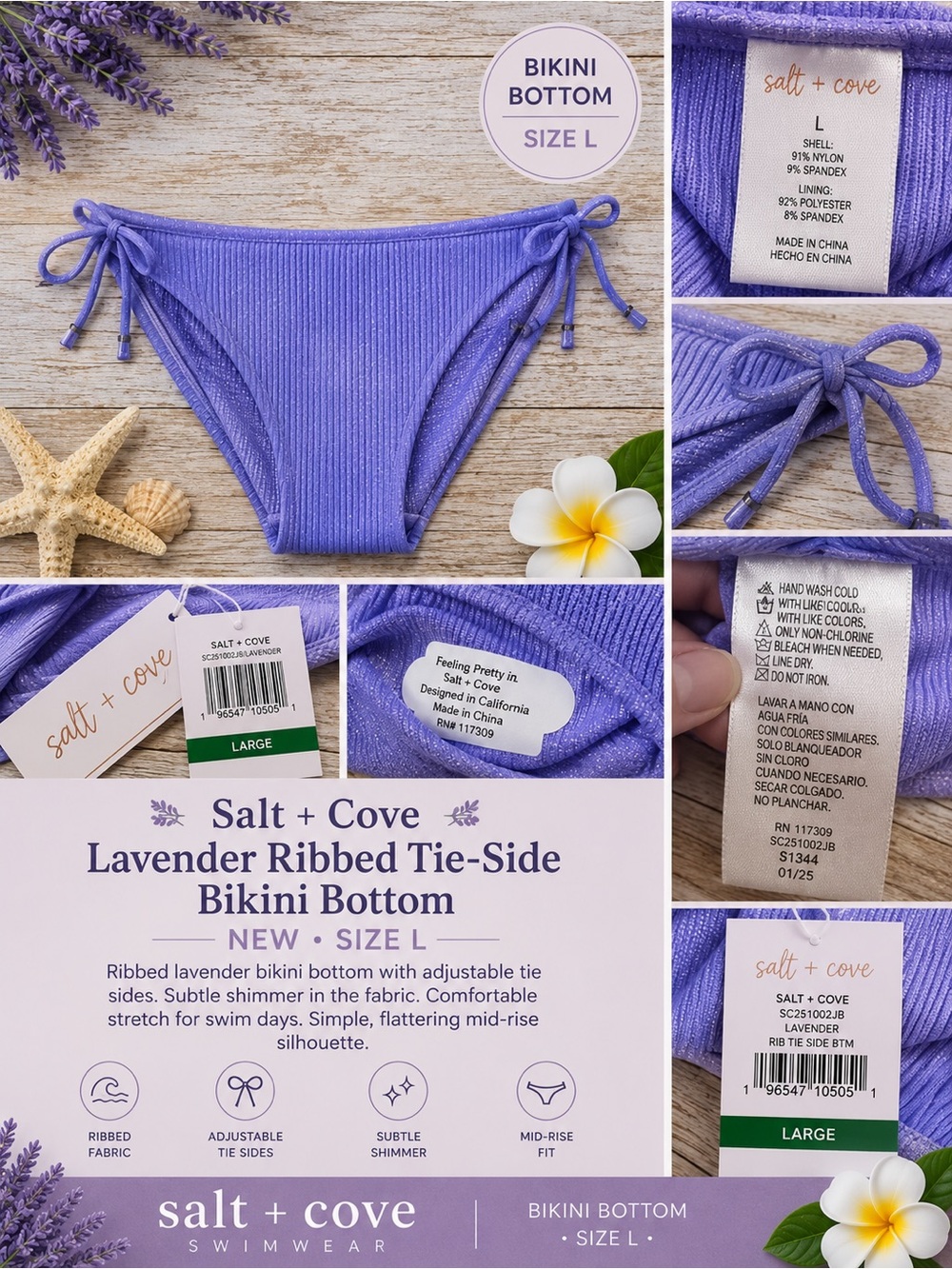 Salt + Cove Lavender Ribbed Tie-Side Bikini Bottom with Lavender Shimmer NEW L